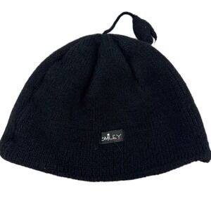 Smiley Pure Wool Beanie Hat Black Knit Tassel Made in USA Winter Cap Mens Womens